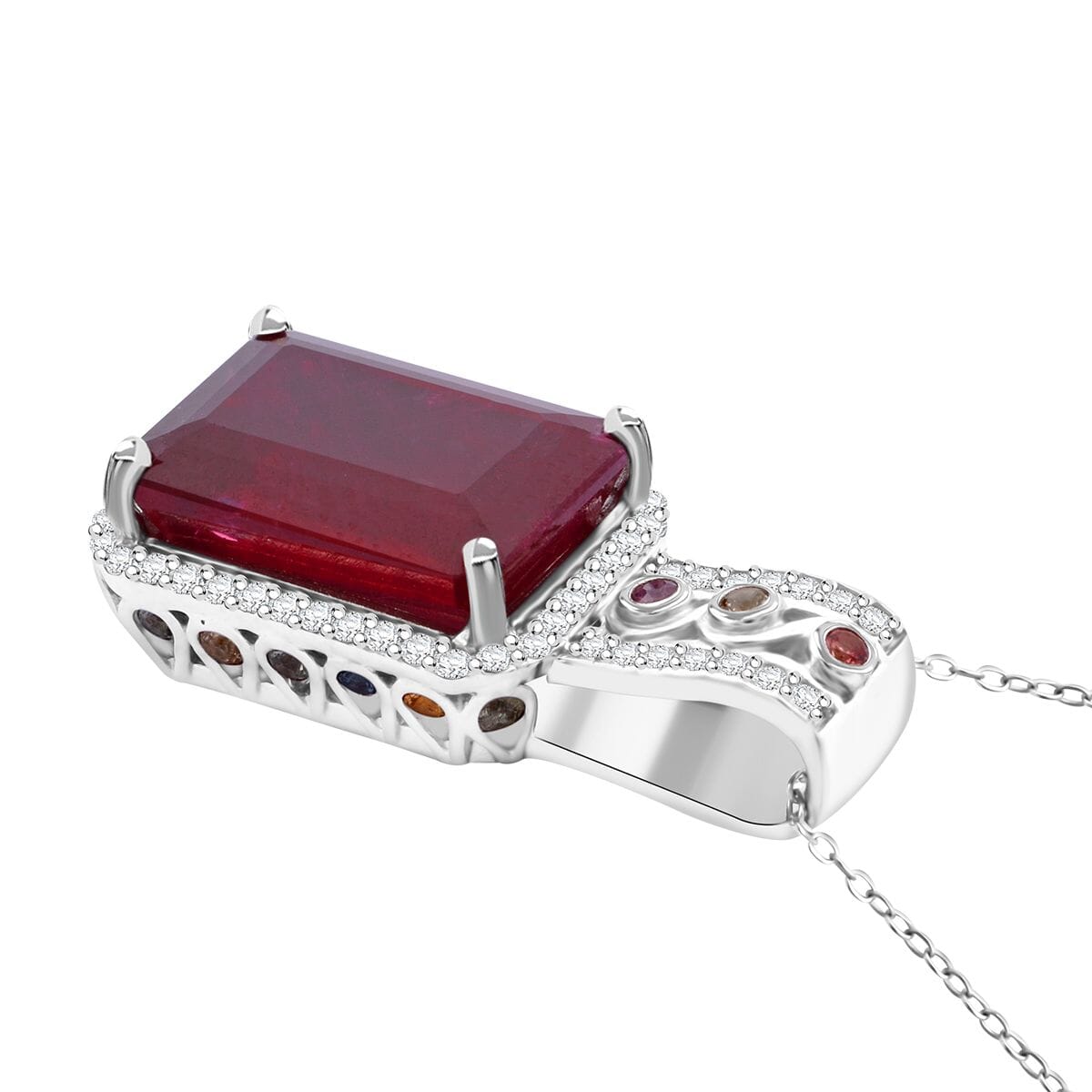 Niassa Ruby (FF) and Multi Gemstone 11.85 ctw Majestic Crown Pendant Necklace in Rhodium Over Sterling Silver 20 Inches image number 3