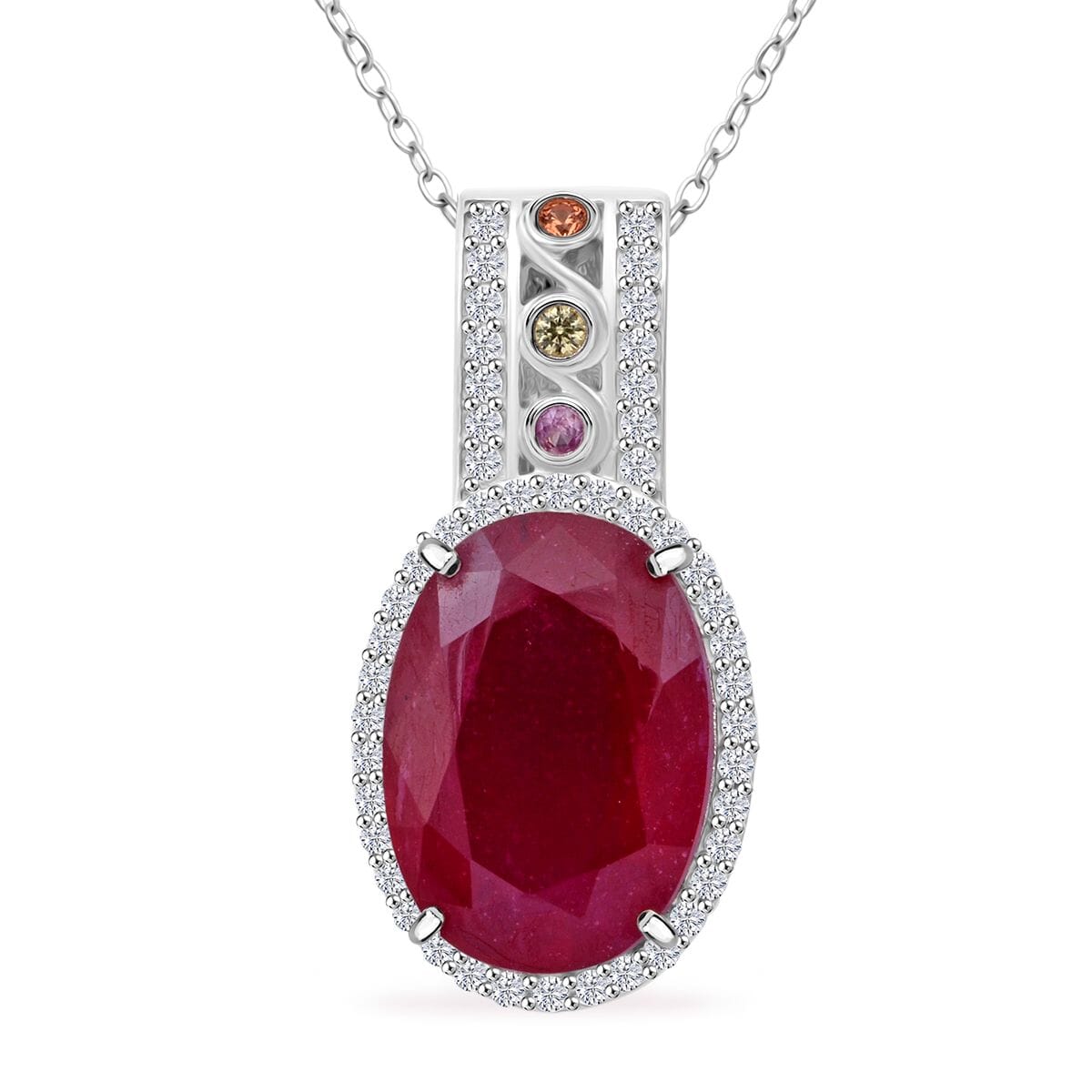 Niassa Ruby (FF) and Multi Gemstone 9.35 ctw Majestic Crown Pendant Necklace in Rhodium Over Sterling Silver 20 Inches image number 0