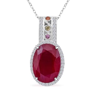 Niassa Ruby (FF) and Multi Gemstone 9.35 ctw Majestic Crown Pendant Necklace in Rhodium Over Sterling Silver 20 Inches