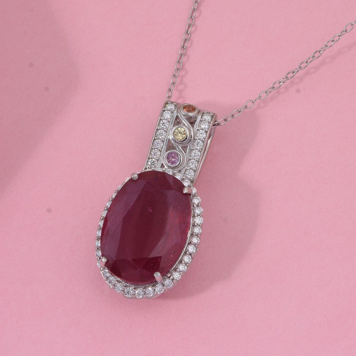 Niassa Ruby (FF) and Multi Gemstone 9.35 ctw Majestic Crown Pendant Necklace in Rhodium Over Sterling Silver 20 Inches image number 1