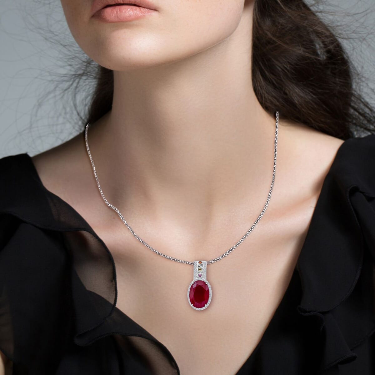 Niassa Ruby (FF) and Multi Gemstone 9.35 ctw Majestic Crown Pendant Necklace in Rhodium Over Sterling Silver 20 Inches image number 2