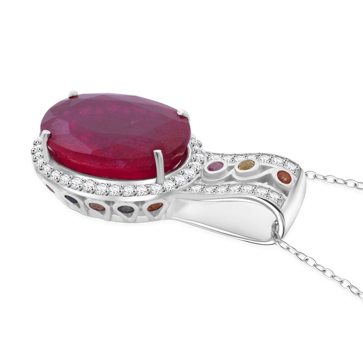 Niassa Ruby (FF) and Multi Gemstone 9.35 ctw Majestic Crown Pendant Necklace in Rhodium Over Sterling Silver 20 Inches image number 3