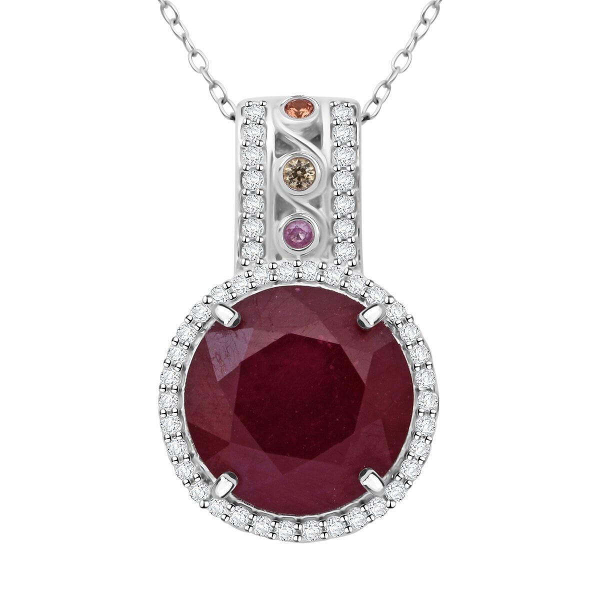 Niassa Ruby (FF) and Multi Gemstone 10.90 ctw Majestic Crown Pendant Necklace in Rhodium Over Sterling Silver 20 Inches image number 0