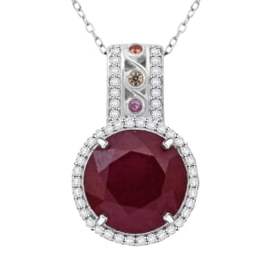 Niassa Ruby (FF) and Multi Gemstone 10.90 ctw Majestic Crown Pendant Necklace in Rhodium Over Sterling Silver 20 Inches