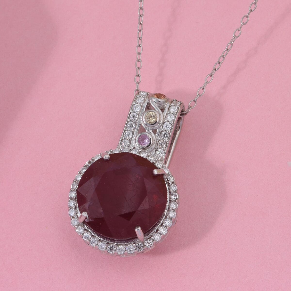 Niassa Ruby (FF) and Multi Gemstone 10.90 ctw Majestic Crown Pendant Necklace in Rhodium Over Sterling Silver 20 Inches image number 1