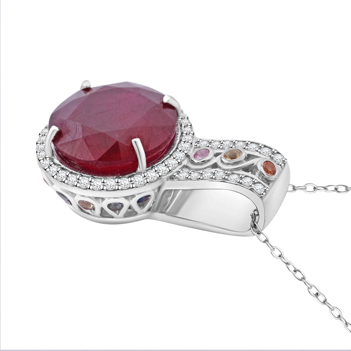 Niassa Ruby (FF) and Multi Gemstone 10.90 ctw Majestic Crown Pendant Necklace in Rhodium Over Sterling Silver 20 Inches image number 3