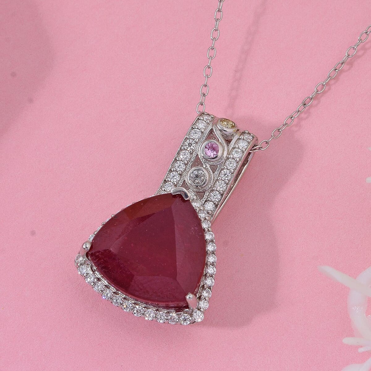 Niassa Ruby (FF) and Multi Gemstone 10.25 ctw Majestic Crown Pendant Necklace in Rhodium Over Sterling Silver 20 Inches image number 1