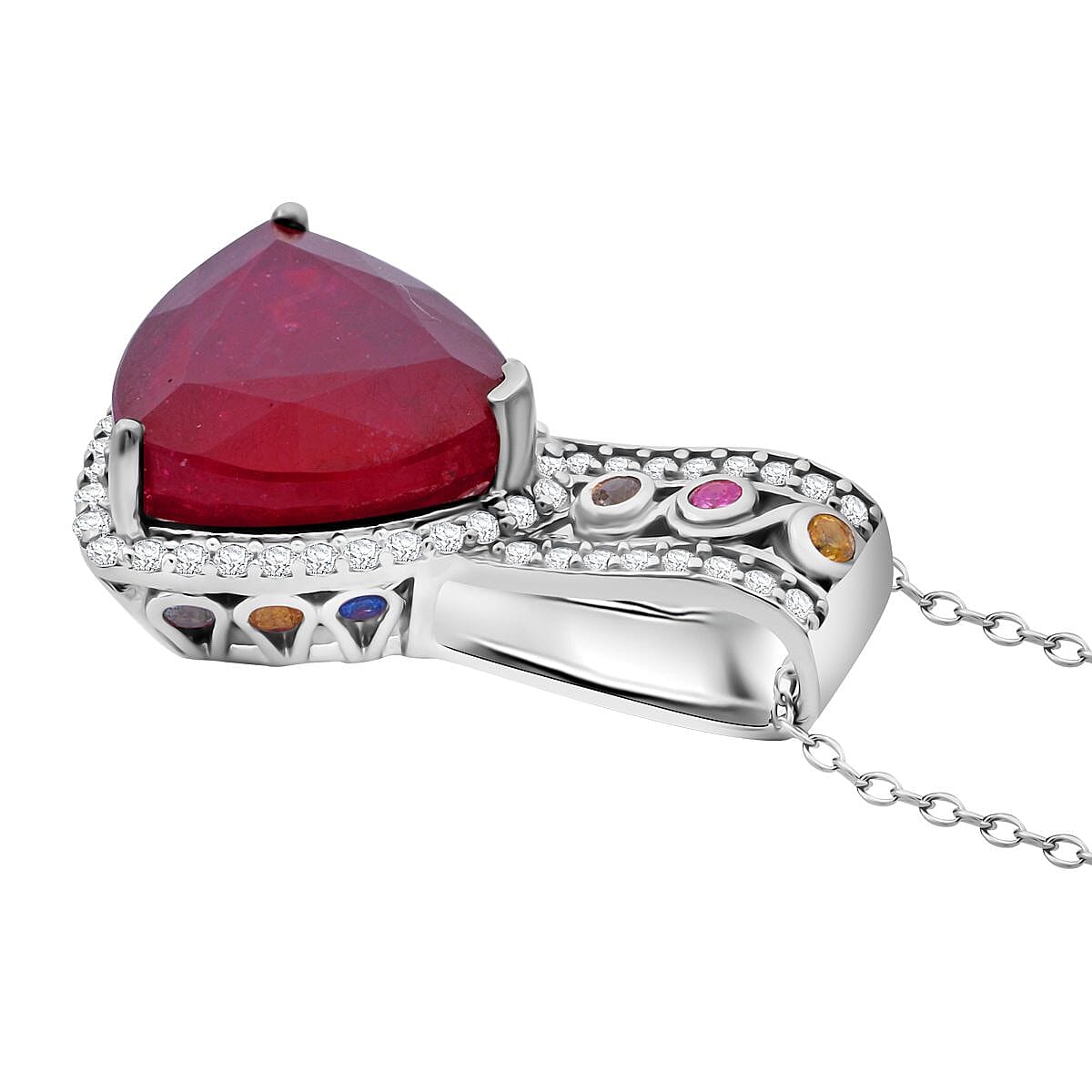 Niassa Ruby (FF) and Multi Gemstone 10.25 ctw Majestic Crown Pendant Necklace in Rhodium Over Sterling Silver 20 Inches image number 3