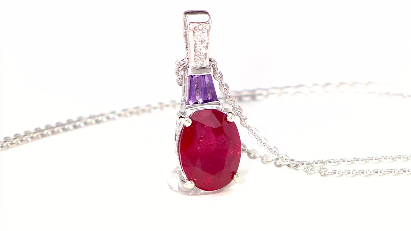 Niassa Ruby (FF) and Multi Gemstone 2.80 ctw Pendant Necklace in Rhodium Over Sterling Silver 20 Inches