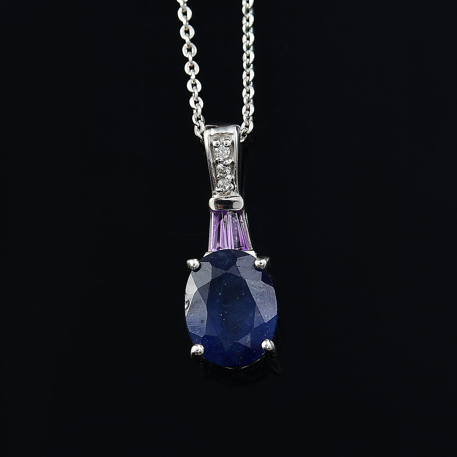 D'Joy Masoala Sapphire (D) and White Zircon 3.00 ctw Pendant Necklace in Rhodium Over Sterling Silver 20 Inches