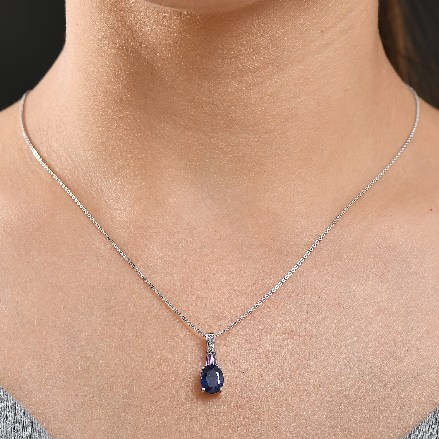 D'Joy Masoala Sapphire (D) and White Zircon 3.00 ctw Pendant Necklace in Rhodium Over Sterling Silver 20 Inches