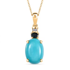 Sleeping Beauty Turquoise, Monte Belo Indicolite and Diamond 4.90 ctw Ocean Empress Pendant Necklace 20 Inches in 18K Vermeil Yellow Gold Over Sterling Silver
