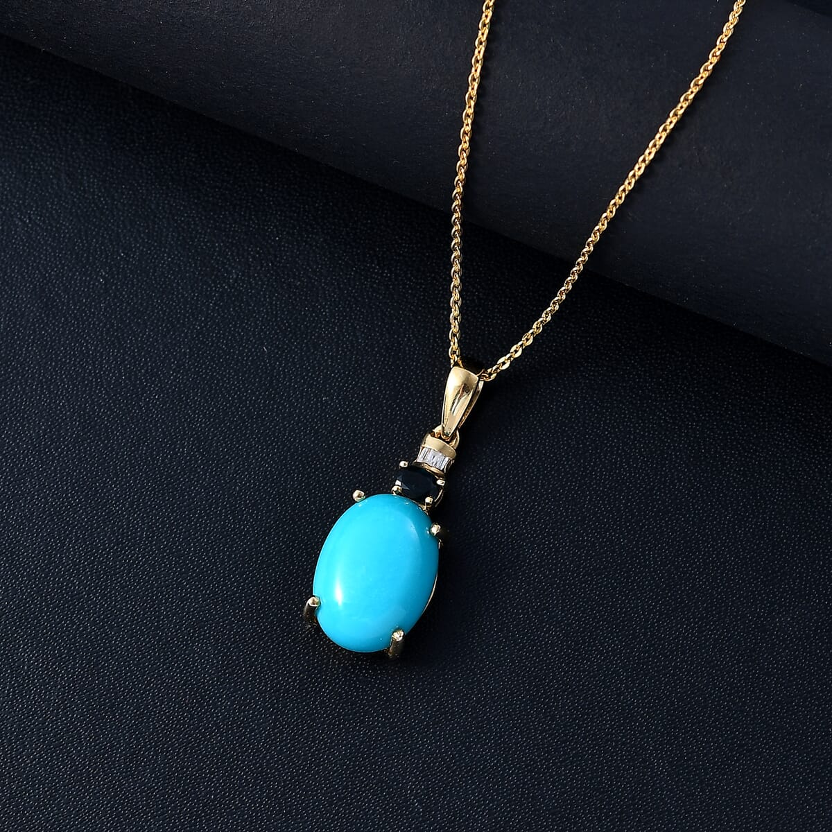 Sleeping Beauty Turquoise, Monte Belo Indicolite and Diamond 4.90 ctw Ocean Empress Pendant Necklace 20 Inches in 18K Vermeil Yellow Gold Over Sterling Silver image number 1