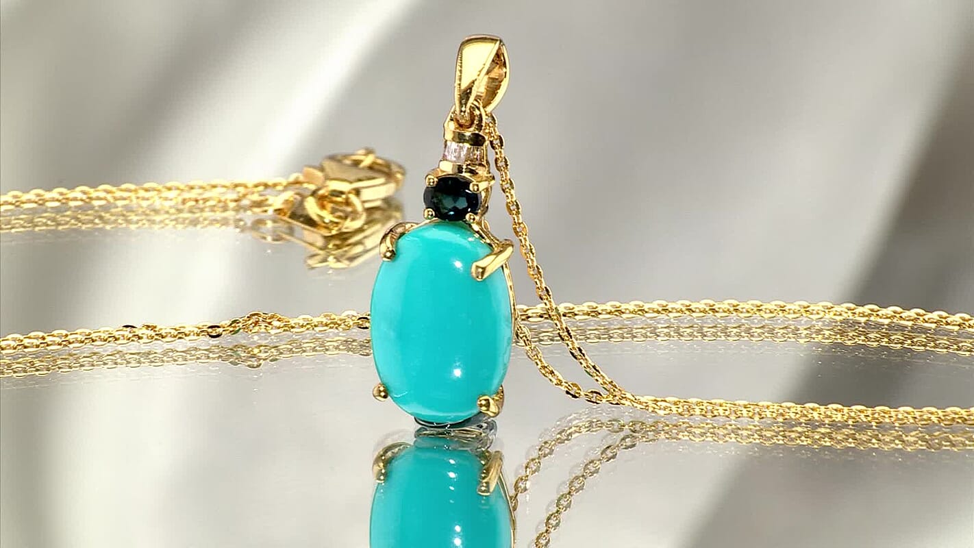 Sleeping Beauty Turquoise, Monte Belo Indicolite and Diamond 4.90 ctw Ocean Empress Pendant Necklace 20 Inches in 18K Vermeil Yellow Gold Over Sterling Silver