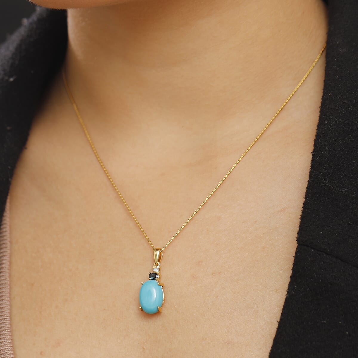 Sleeping Beauty Turquoise, Monte Belo Indicolite and Diamond 4.90 ctw Ocean Empress Pendant Necklace 20 Inches in 18K Vermeil Yellow Gold Over Sterling Silver image number 2