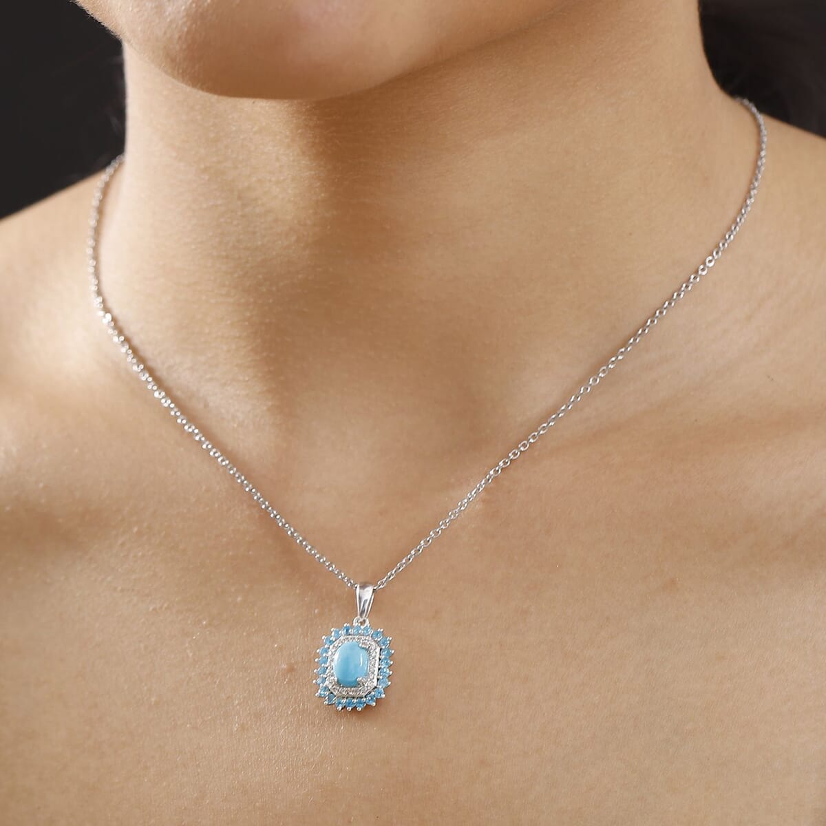 Premium Sleeping Beauty Turquoise and Multi Gemstone 1.85 ctw Pendant Necklace 20 Inches in Rhodium Over Sterling Silver image number 2