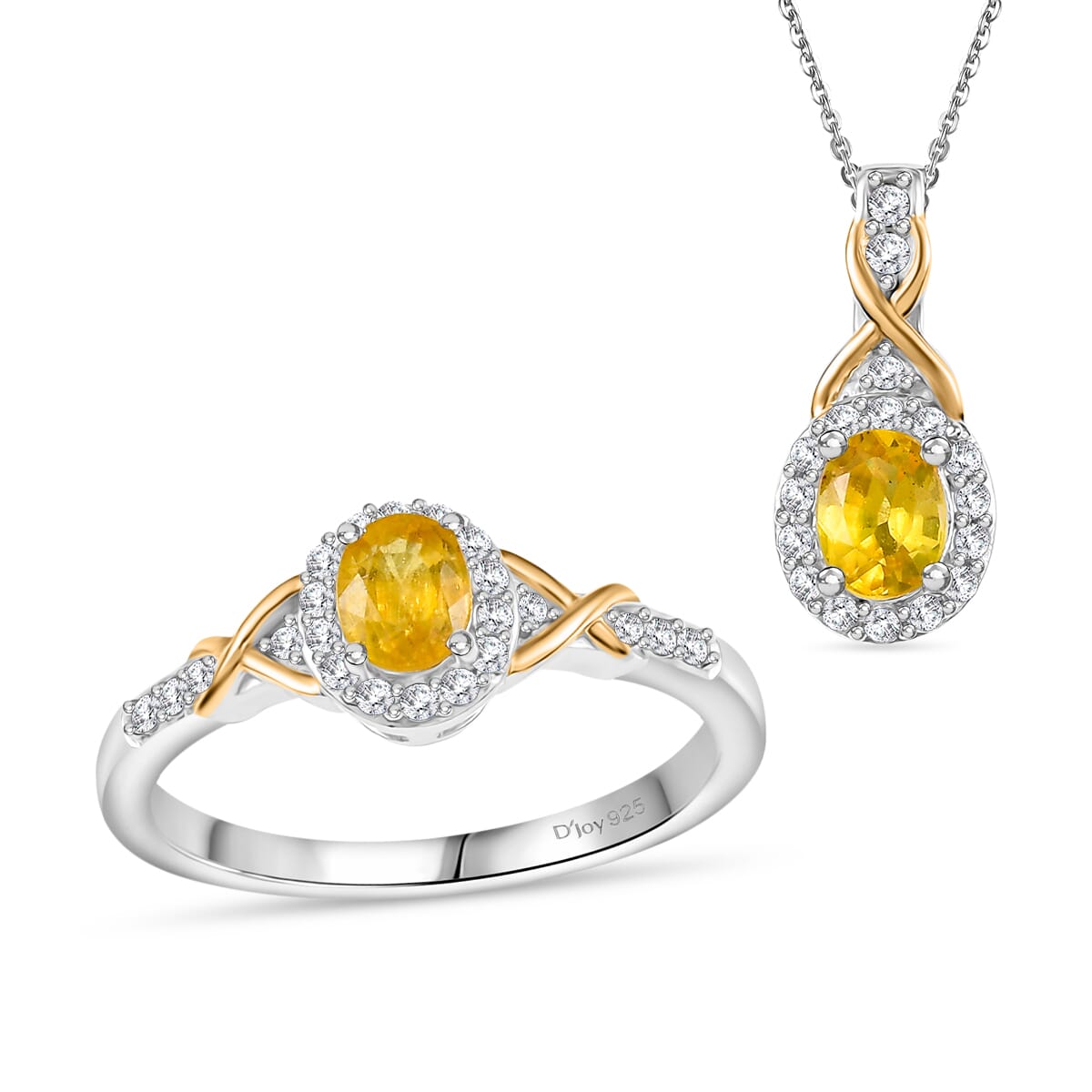 Madagascar Yellow Sapphire and White Zircon 1.90 ctw Infinity Glow Ring (Size 8.0), Pendant Necklace 20 Inches in 18K Vermeil YG and Rhodium Over Sterling Silver image number 0
