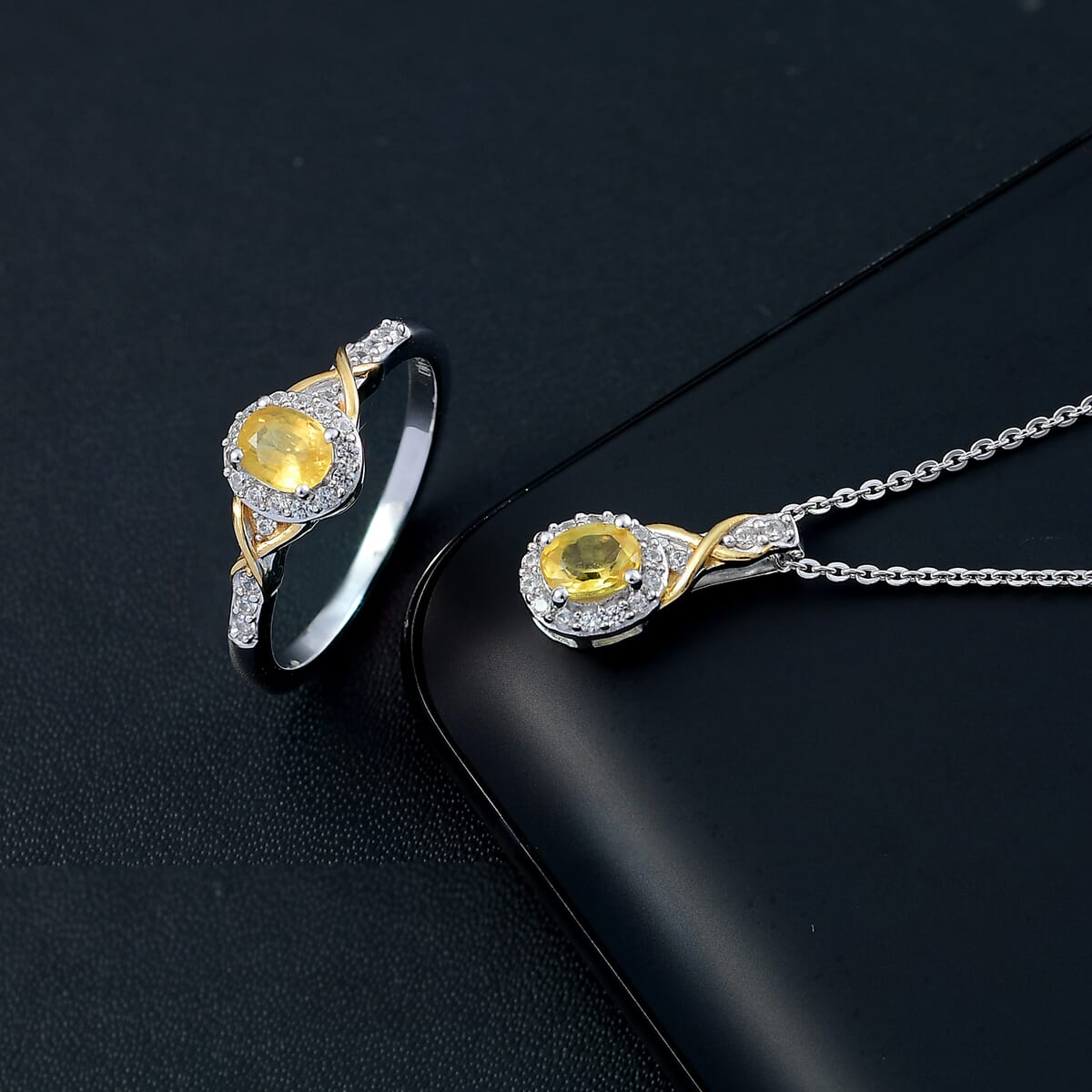 Madagascar Yellow Sapphire and White Zircon 1.90 ctw Infinity Glow Ring (Size 8.0), Pendant Necklace 20 Inches in 18K Vermeil YG and Rhodium Over Sterling Silver image number 1