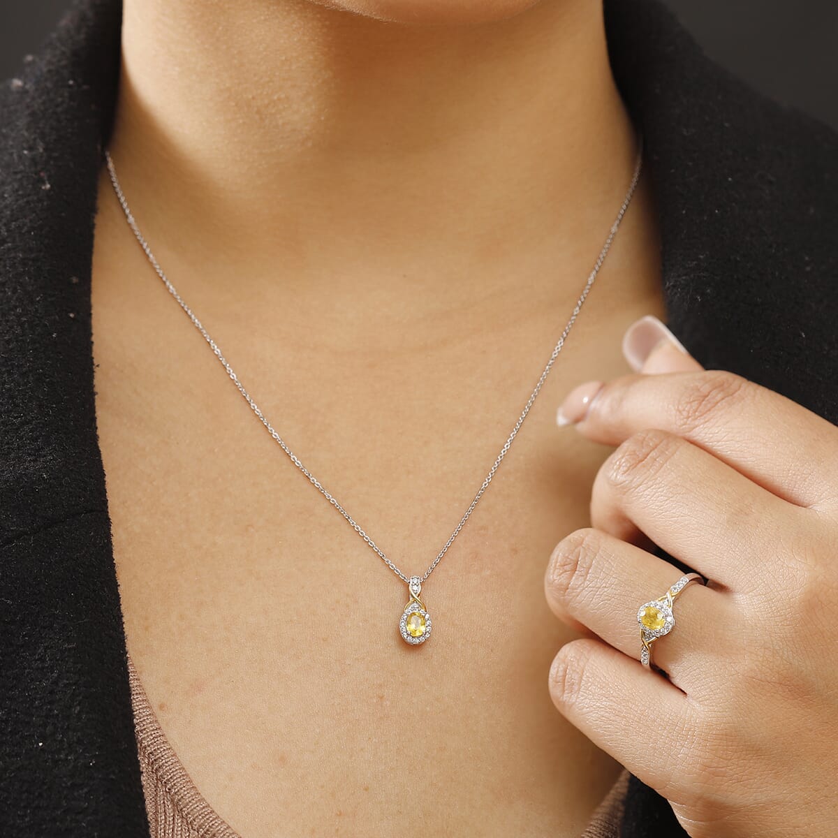 Madagascar Yellow Sapphire and White Zircon 1.90 ctw Infinity Glow Ring (Size 8.0), Pendant Necklace 20 Inches in 18K Vermeil YG and Rhodium Over Sterling Silver image number 2