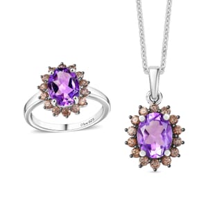 Moroccan Rose and Brown Zircon 5.00 ctw Sunburst Ring (Size 7.00) Pendant in Platinum Over Sterling Silver and Stainless Steel Necklace 20 Inches