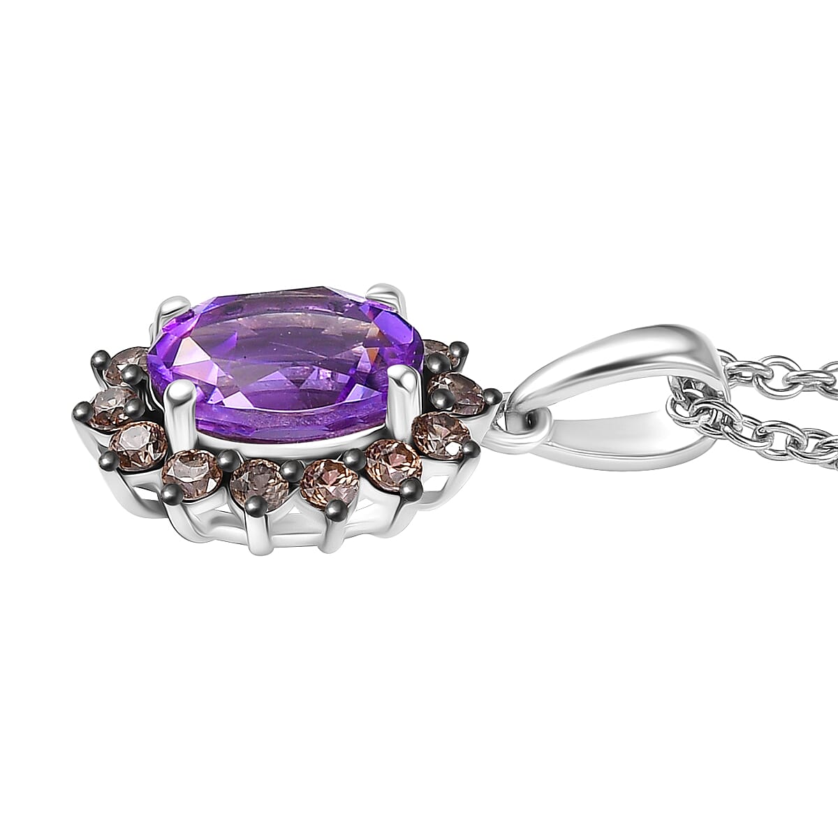 Moroccan Rose and Brown Zircon 5.00 ctw Sunburst Ring (Size 8.00) Pendant in Platinum Over Sterling Silver and Stainless Steel Necklace 20 Inches image number 7