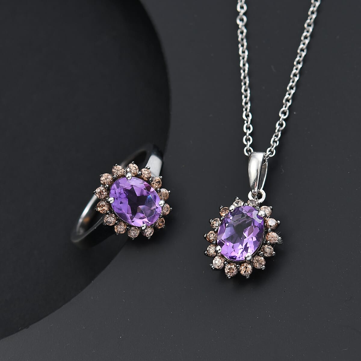 Moroccan Rose and Brown Zircon 5.00 ctw Sunburst Ring (Size 10.00) Pendant in Platinum Over Sterling Silver and Stainless Steel Necklace 20 Inches image number 1