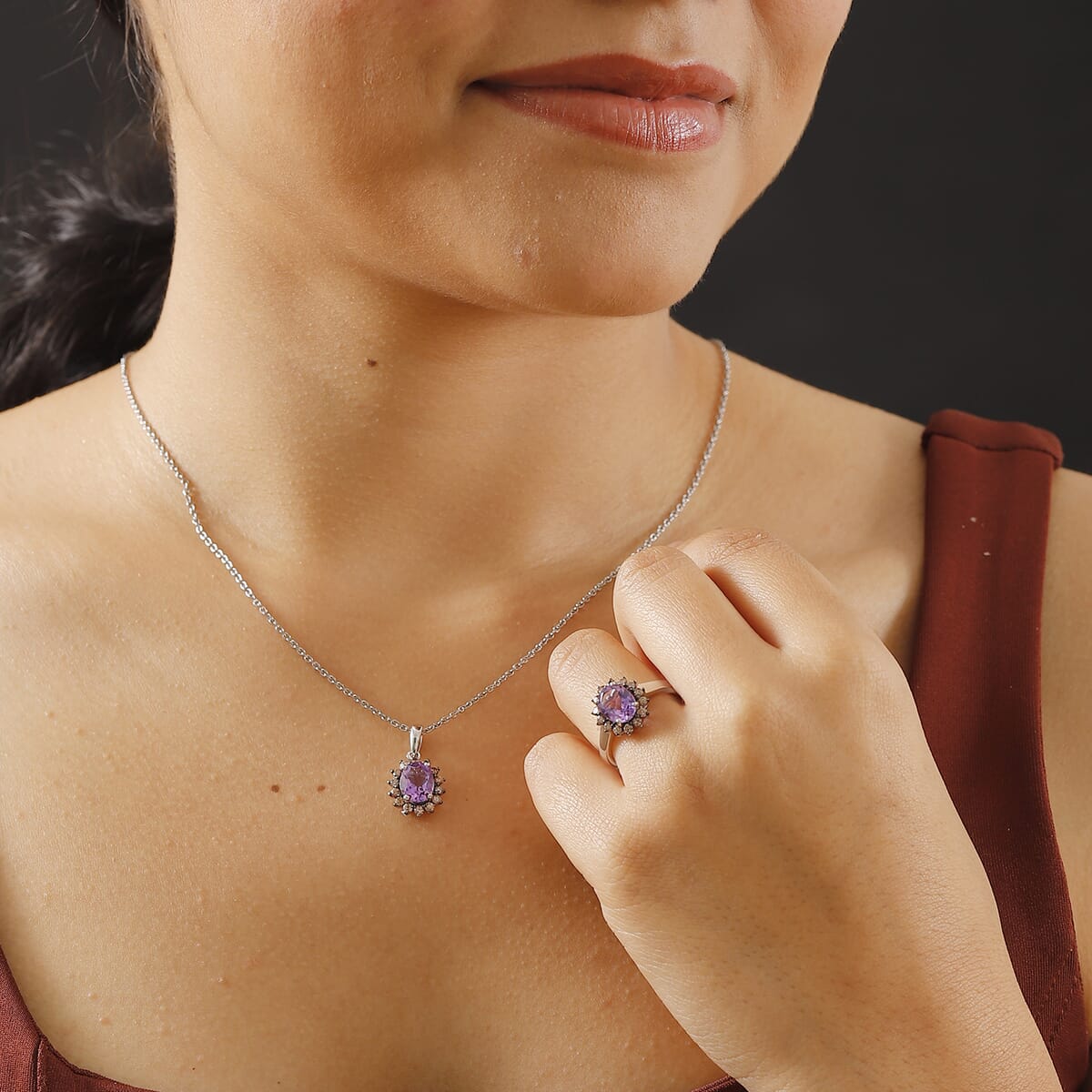 Moroccan Rose and Brown Zircon 5.00 ctw Sunburst Ring (Size 10.00) Pendant in Platinum Over Sterling Silver and Stainless Steel Necklace 20 Inches image number 2