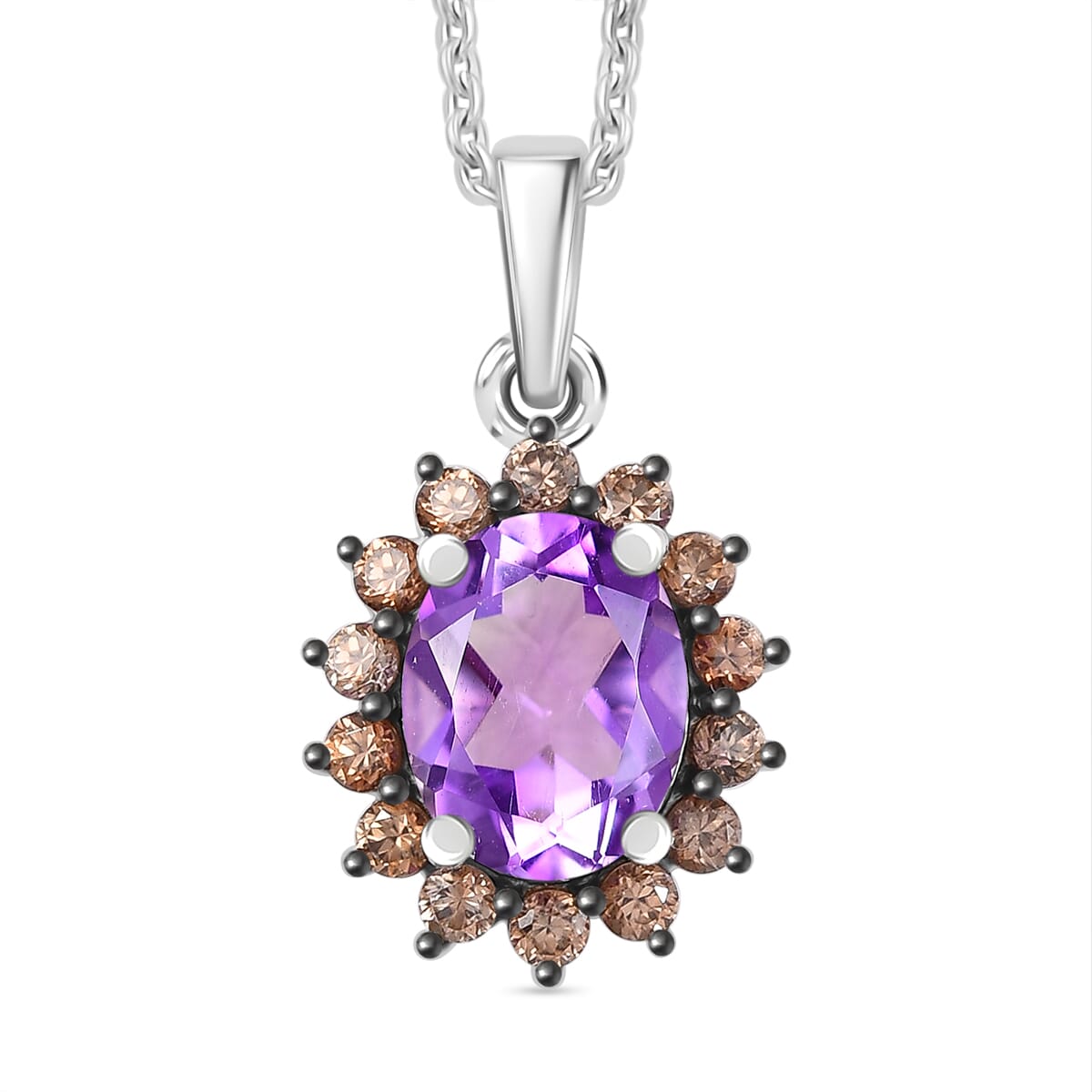 Moroccan Rose and Brown Zircon 5.00 ctw Sunburst Ring (Size 10.00) Pendant in Platinum Over Sterling Silver and Stainless Steel Necklace 20 Inches image number 6