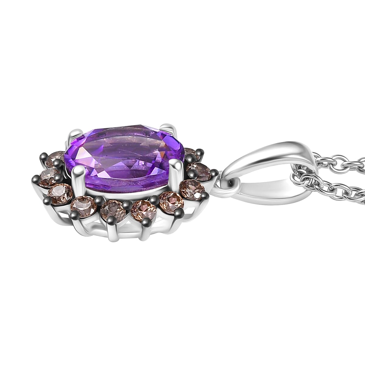 Moroccan Rose and Brown Zircon 5.00 ctw Sunburst Ring (Size 10.00) Pendant in Platinum Over Sterling Silver and Stainless Steel Necklace 20 Inches image number 7