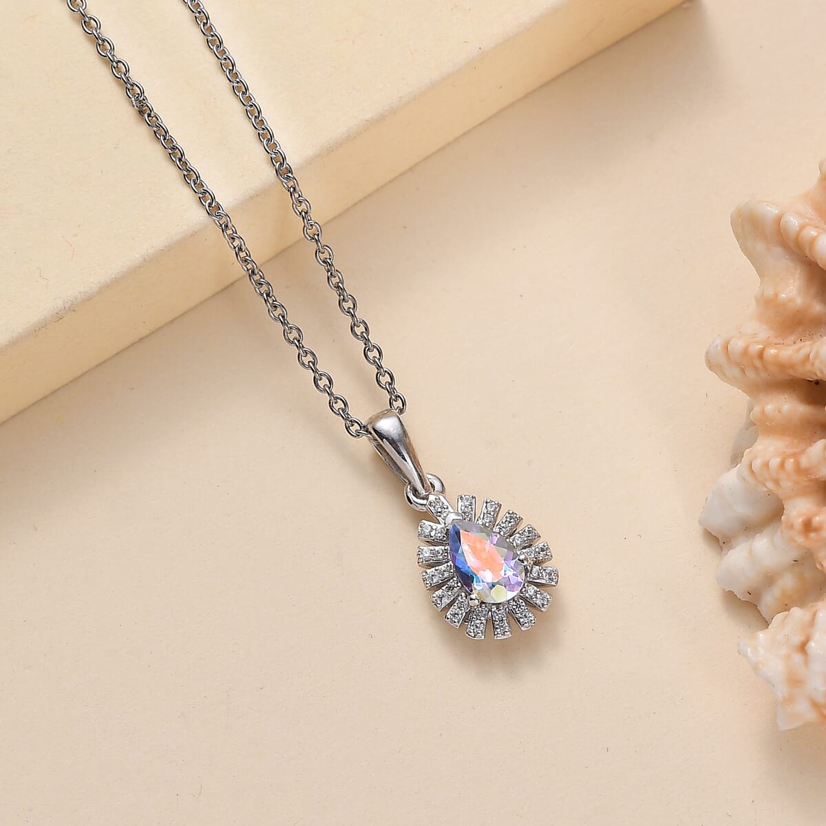 Mercury Mystic Topaz and White Zircon 1.20 ctw Snowflake Pendant Necklace in Platinum Over Sterling Sliver 20 Inches image number 1