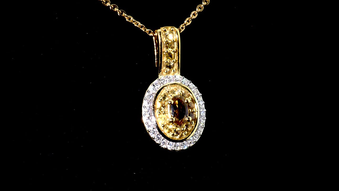 Premium Golden Turkizite and Multi Gemstone 0.65 ctw Double Halo Pendant Necklace 20 Inches in 18K Vermeil Yellow Gold Over Sterling Silver