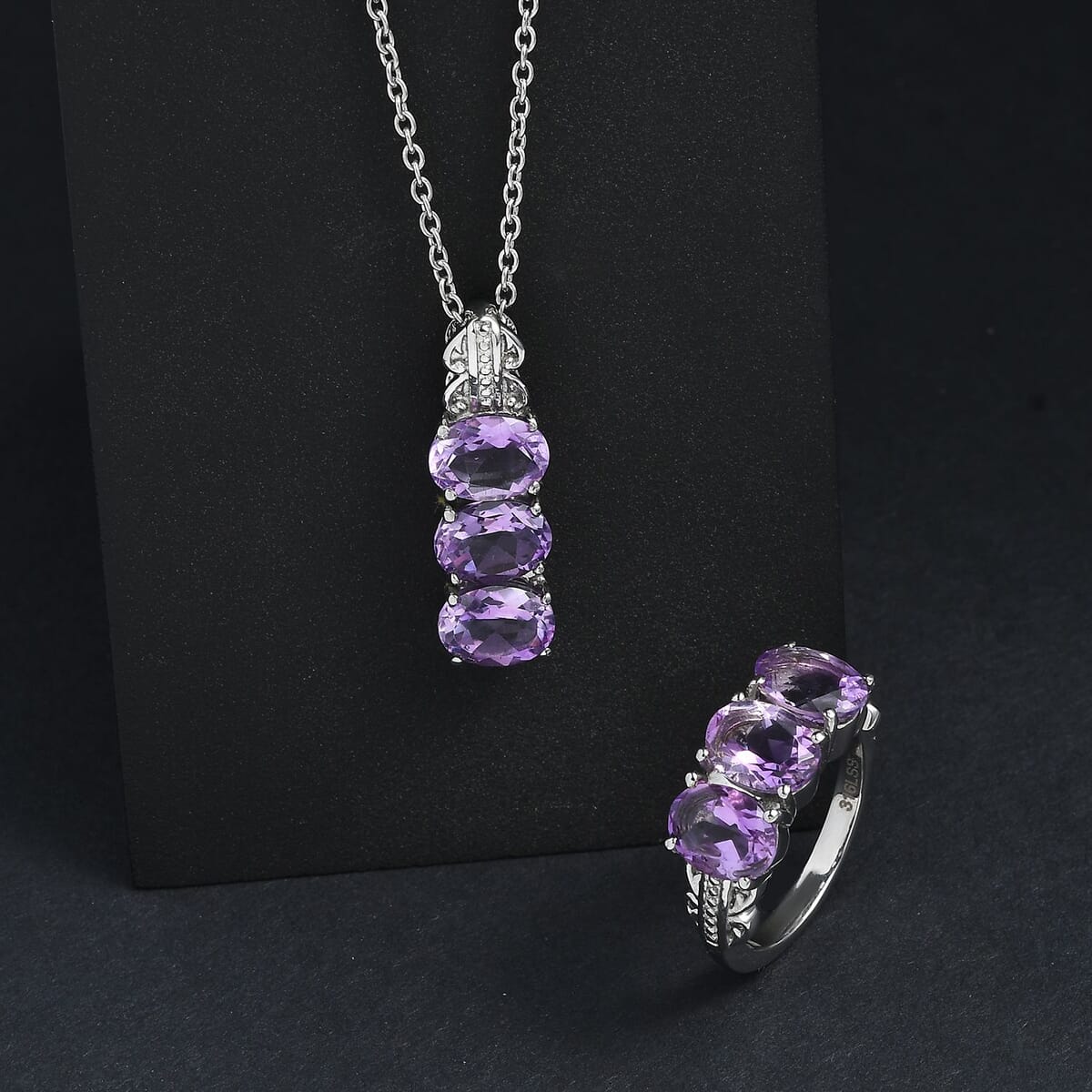 Moroccan Rose 7.10 ctw Trilogy Ring (Size 6.00), Pendant Necklace (20 Inches) in Stainless Steel  image number 1