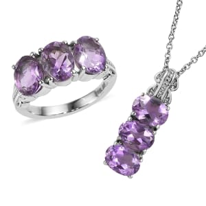 Moroccan Rose 7.10 ctw Trilogy Ring (Size 8.00), Pendant Necklace (20 Inches) in Stainless Steel
