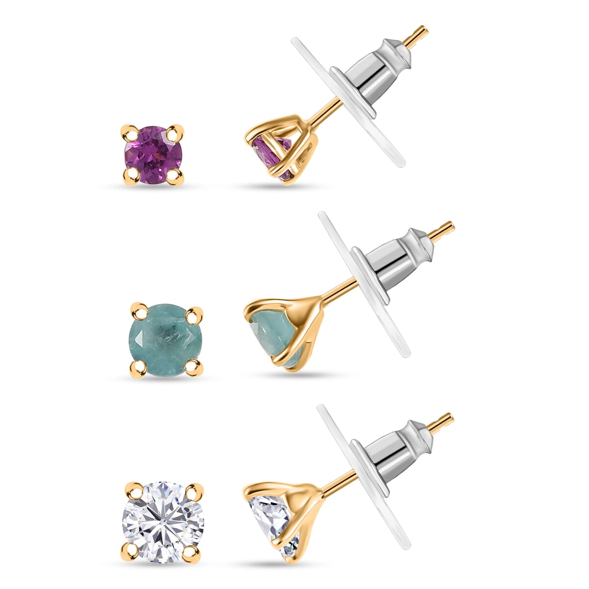 Set of 3 Moissanite, Grandidierite and Radiant Ember Garnet 3.15 ctw Solitaire Stud Earrings in 18K Vermeil Yellow Gold Over Sterling Silver image number 0