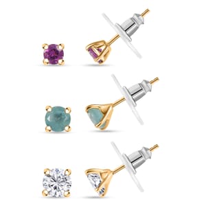 Set of 3 Moissanite, Grandidierite and Radiant Ember Garnet 3.15 ctw Solitaire Stud Earrings in 18K Vermeil Yellow Gold Over Sterling Silver