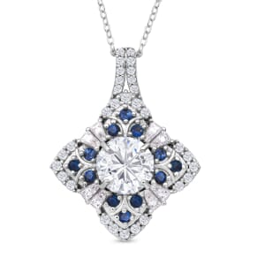 120 Faceted Moissanite and Madagascar Blue Sapphire 3.00 ctw Clover Leaf Pendant Necklace 20 Inches in Rhodium Over Sterling Silver 