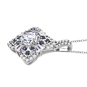 120 Faceted Moissanite and Madagascar Blue Sapphire 3.00 ctw Clover Leaf Pendant Necklace 20 Inches in Rhodium Over Sterling Silver 