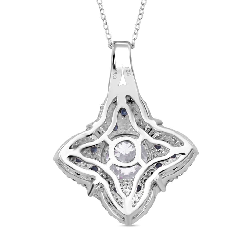 120 Faceted Moissanite and Madagascar Blue Sapphire 3.00 ctw Clover Leaf Pendant Necklace 20 Inches in Rhodium Over Sterling Silver