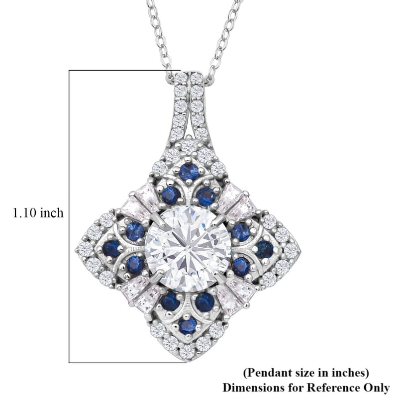 120 Faceted Moissanite and Madagascar Blue Sapphire 3.00 ctw Clover Leaf Pendant Necklace 20 Inches in Rhodium Over Sterling Silver