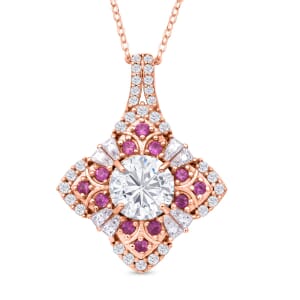 120 Faceted Moissanite and Madagascar Pink Sapphire 3.00 ctw Clover Leaf Pendant Necklace 20 Inches in 18K Vermeil Rose Gold Over Sterling Silver 