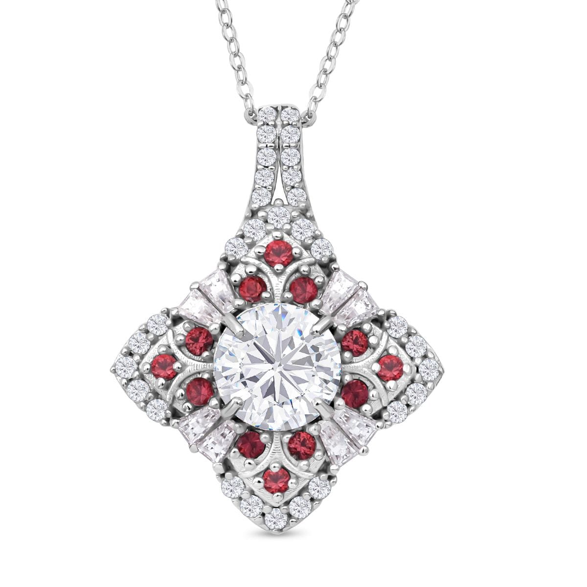 120 Faceted Moissanite and Madagascar Red Sapphire 3.00 ctw Clover Leaf Pendant Necklace in Rhodium Over Sterling Silver 20 Inches image number 0