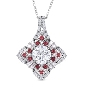 120 Faceted Moissanite and Madagascar Red Sapphire 3.00 ctw Clover Leaf Pendant Necklace in Rhodium Over Sterling Silver 20 Inches