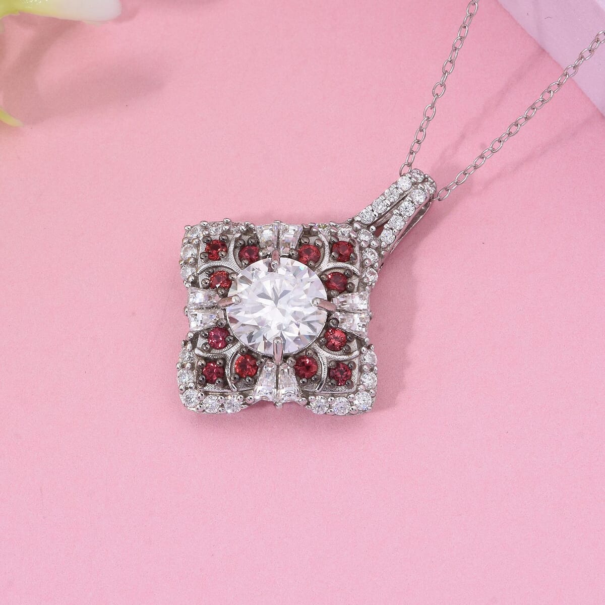 120 Faceted Moissanite and Madagascar Red Sapphire 3.00 ctw Clover Leaf Pendant Necklace in Rhodium Over Sterling Silver 20 Inches image number 1