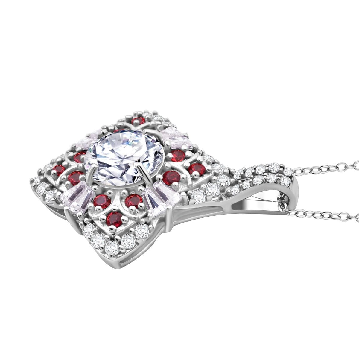 120 Faceted Moissanite and Madagascar Red Sapphire 3.00 ctw Clover Leaf Pendant Necklace in Rhodium Over Sterling Silver 20 Inches image number 3