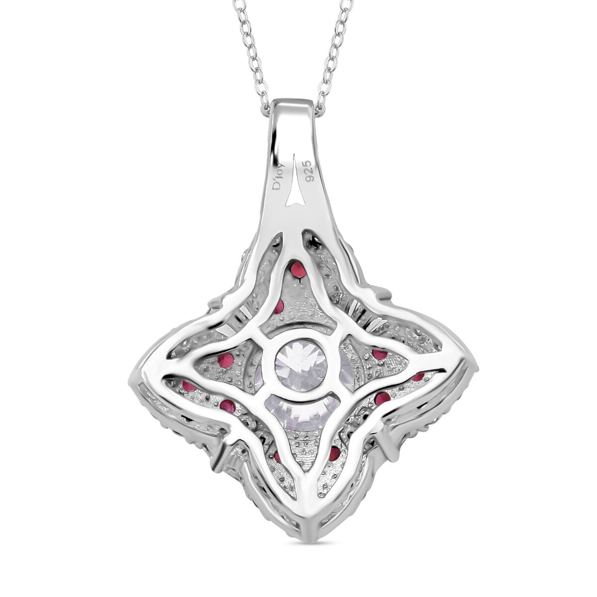 120 Faceted Moissanite and Madagascar Red Sapphire 3.00 ctw Clover Leaf Pendant Necklace in Rhodium Over Sterling Silver 20 Inches image number 4