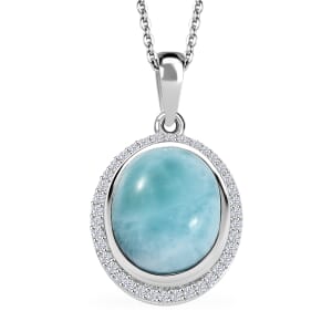 Premium Larimar and White Zircon 5.85 ctw Dolphin Pendant Necklace (20 Inches) in Rhodium Over Sterling Silver