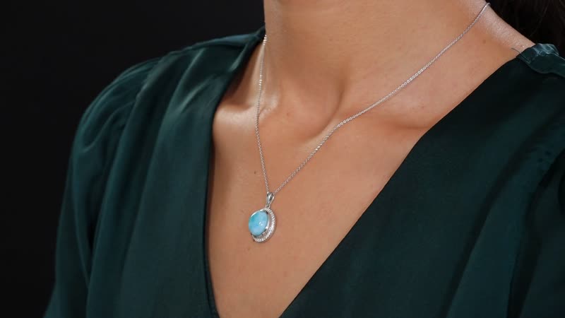 Premium Larimar and White Zircon 5.85 ctw Dolphin Pendant Necklace (20 Inches) in Rhodium Over Sterling Silver