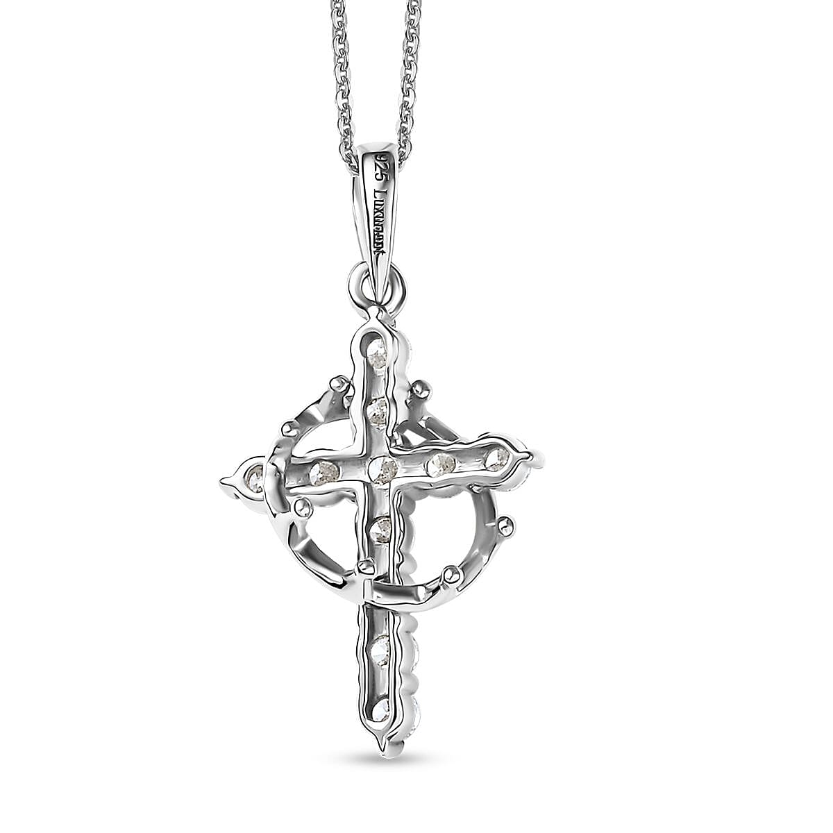 Luxuriant Lab Grown Diamond G-H SI 0.50 ctw Divine Cross Crown Pendant Necklace in Rhodium Over Sterling Silver 20 Inches