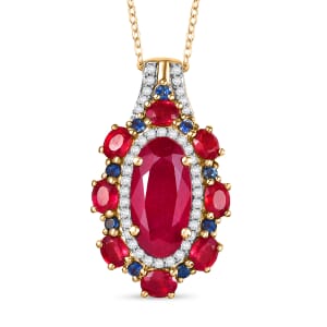 Premium Niassa Ruby (FF), Multi Genstone 8.50 ctw Royal Empress Pendant Necklace in 18K Vermeil Yellow Gold Sterling Silver 20 Inches