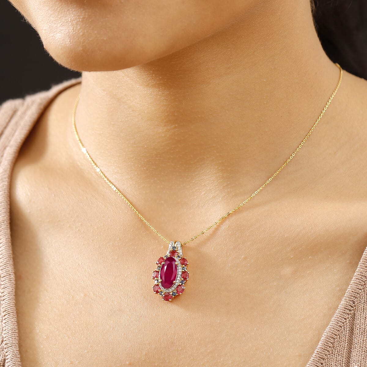 Premium Niassa Ruby (FF), Multi Genstone 8.50 ctw Royal Empress Pendant Necklace in 18K Vermeil Yellow Gold Sterling Silver 20 Inches image number 2